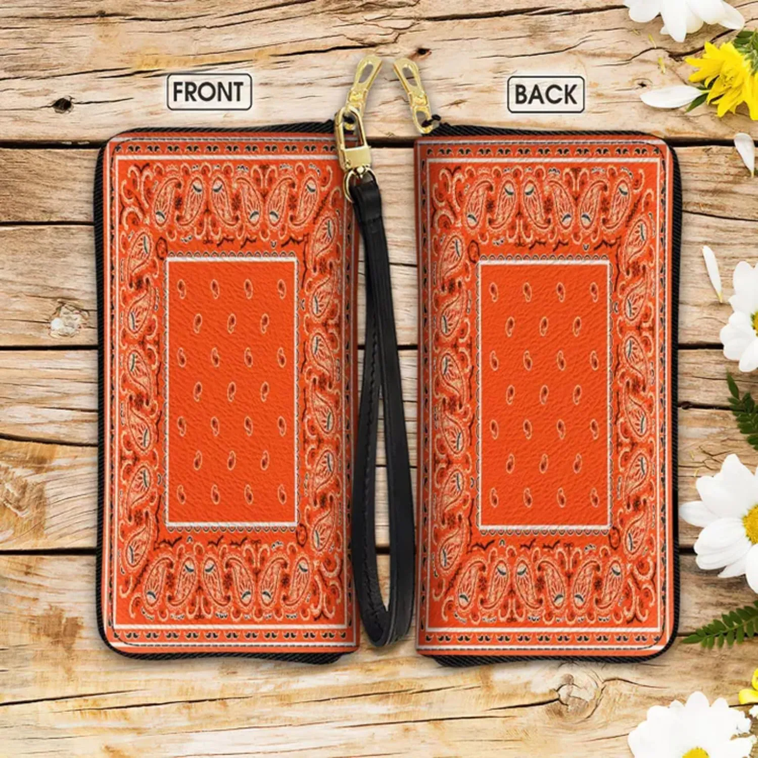 Colorful Paisley Bandana Pattern Women Leather Wallet in Classic Blue, RFID Blocking Zip Purse, Pocket Long Ladies Travel Clutch Wristlet, Unique Gift for Paisley Mandala Lovers (Classic Orange)