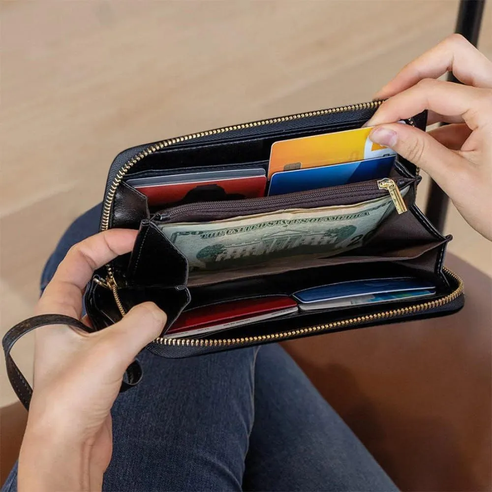 Colorful Paisley Bandana Pattern Women Leather Wallet in Classic Blue, RFID Blocking Zip Purse, Pocket Long Ladies Travel Clutch Wristlet, Unique Gift for Paisley Mandala Lovers (Classic Orange)