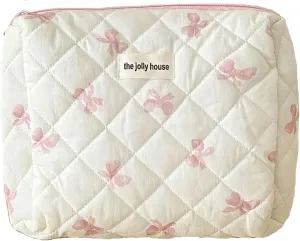 Coquette Bow Makeup Bag Cute Quilted Make Up Pouch Small Preppy Floral Cosmetic Bag Toiletry Organizer Bag Pink bow Tie Case
