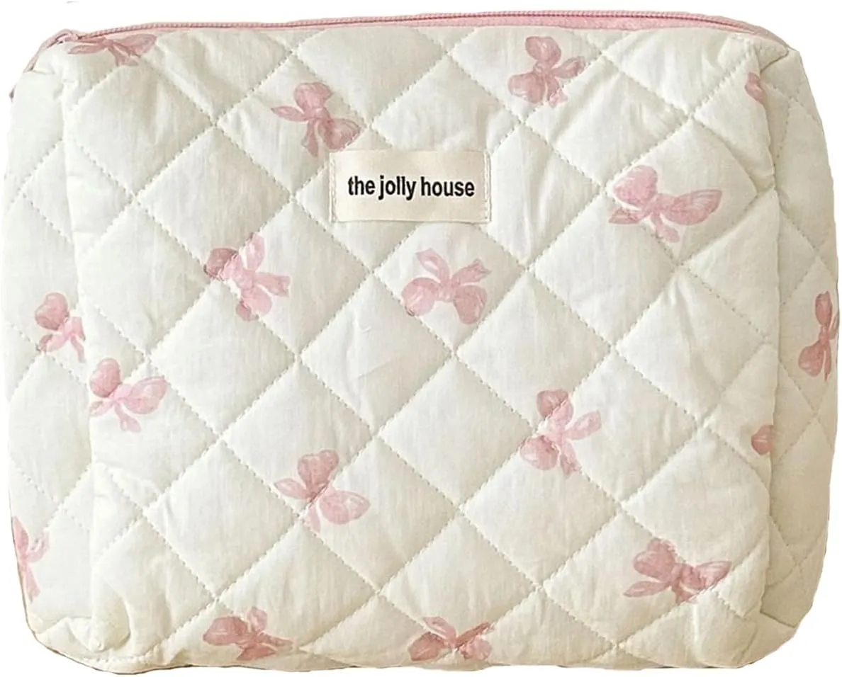 Coquette Bow Makeup Bag Cute Quilted Make Up Pouch Small Preppy Floral Cosmetic Bag Toiletry Organizer Bag Pink bow Tie Case