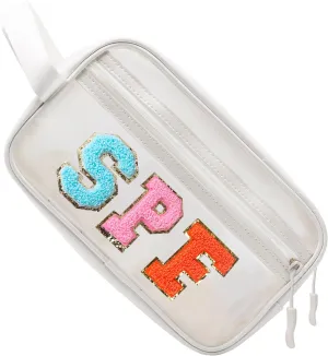 COSHAYSOO Clear SPF Makeup Bag Sunscreen Cosmetic SUN Zipper Pouch with Preppy Chenille Letter Patch, Small Beach Travel Purse Gifts for Women Teens, Cute Toiletry Make Up Traveling Stuff Organizer
