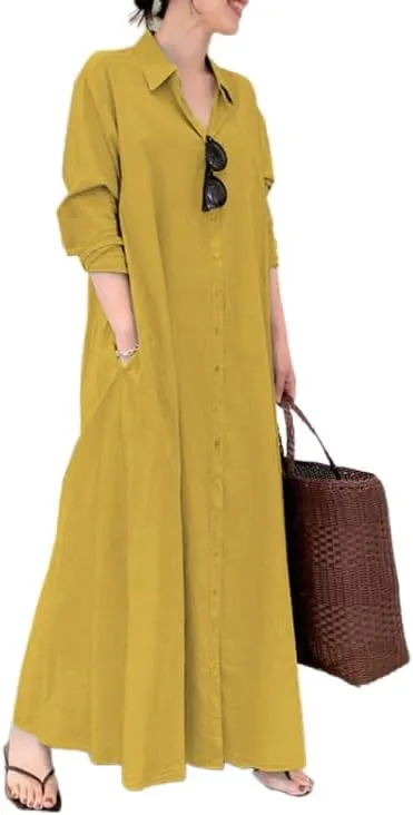Costaric Womens Cotton Linen Button Down Shirt Dress Casual Plus Size Short Sleeve V Neck Ruffled Maxi Dress with Pocket