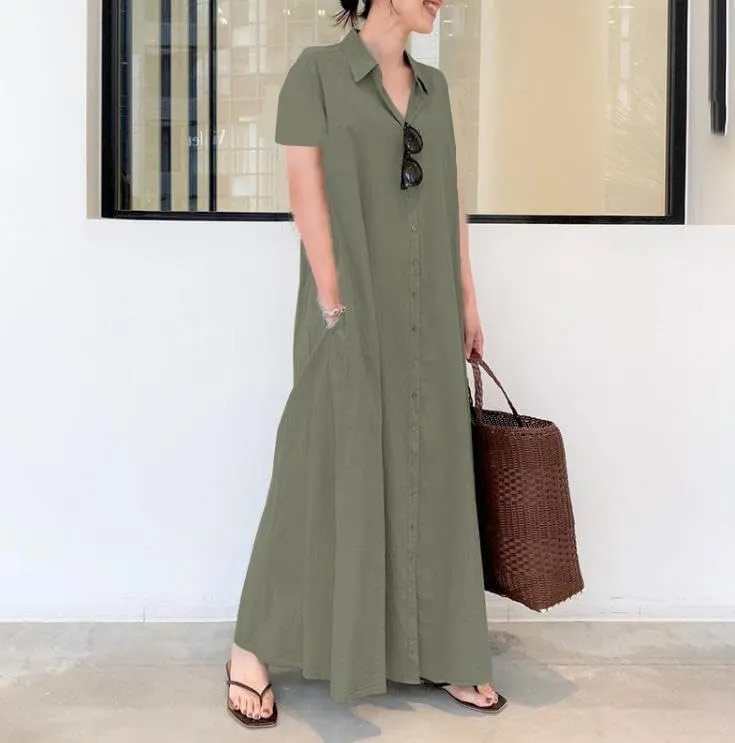 Costaric Womens Cotton Linen Button Down Shirt Dress Casual Plus Size Short Sleeve V Neck Ruffled Maxi Dress with Pocket