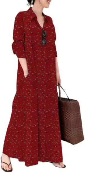 Costaric Womens Cotton Linen Button Down Shirt Dress Casual Plus Size Short Sleeve V Neck Ruffled Maxi Dress with Pocket