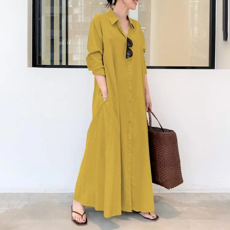 Costaric Womens Cotton Linen Button Down Shirt Dress Casual Plus Size Short Sleeve V Neck Ruffled Maxi Dress with Pocket