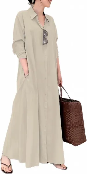 Costaric Womens Cotton Linen Button Down Shirt Dress Casual Plus Size Short Sleeve V Neck Ruffled Maxi Dress with Pocket
