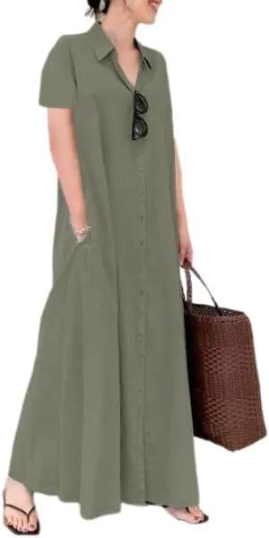 Costaric Womens Cotton Linen Button Down Shirt Dress Casual Plus Size Short Sleeve V Neck Ruffled Maxi Dress with Pocket