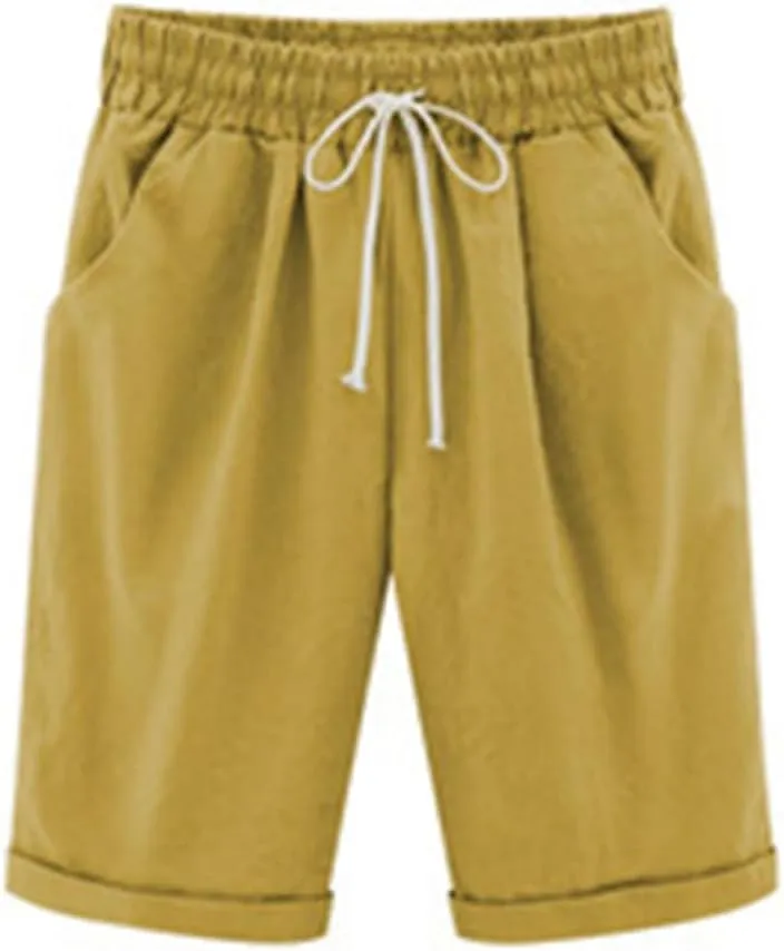 Cotton Linen Drawstring Shorts for Women Elastic High Waist Straight Leg Knee Length Short Pants with Pockets