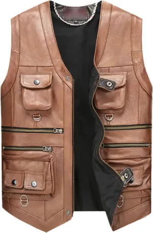 Cowhide Leather Vest Men's Brown Sleeveless Jacket Thickened Motorcycle Vest Multi-Pocket Zipper