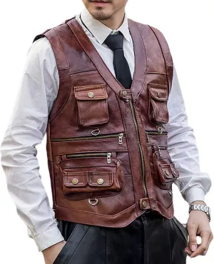 Cowhide Leather Vest Men's Brown Sleeveless Jacket Thickened Motorcycle Vest Multi-Pocket Zipper