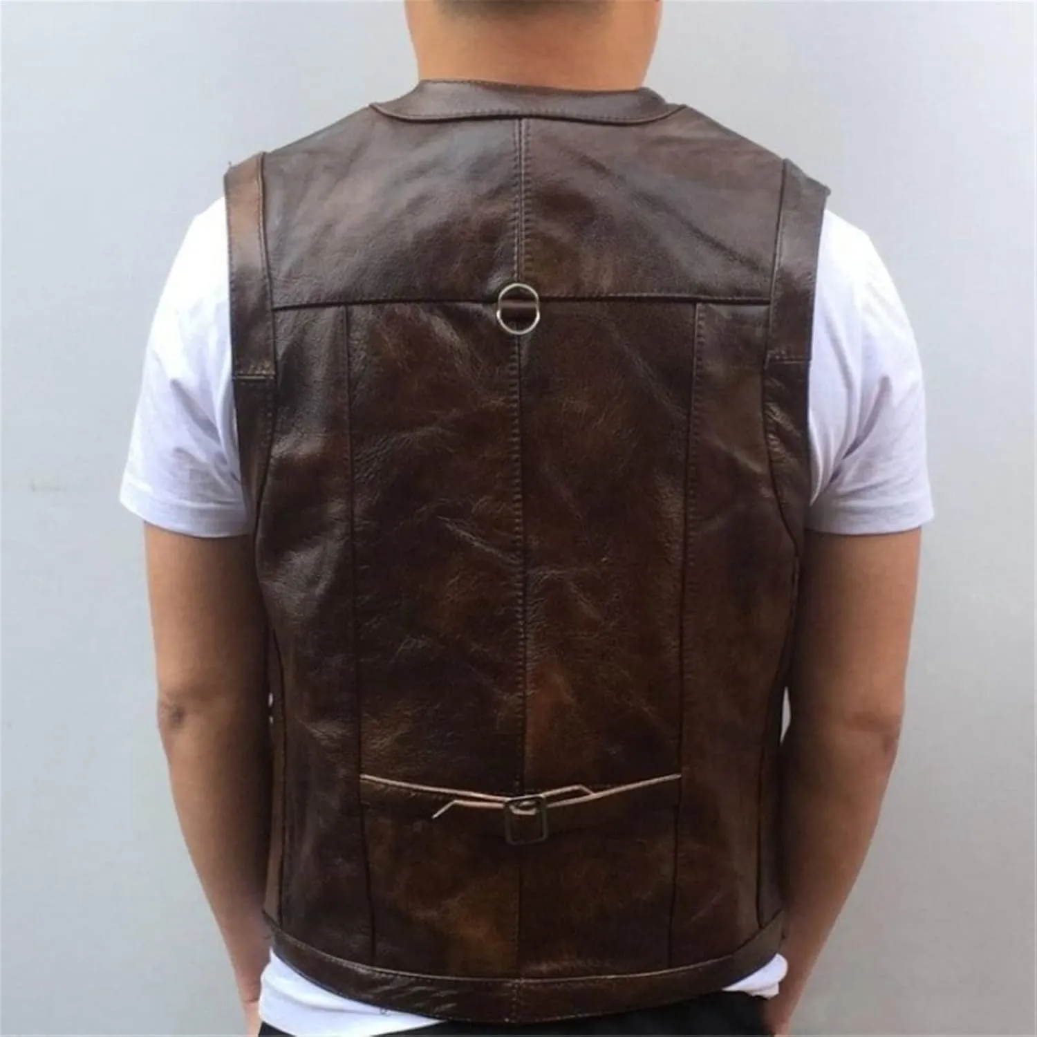 Cowhide Leather Vest Men's Brown Sleeveless Jacket Thickened Motorcycle Vest Multi-Pocket Zipper