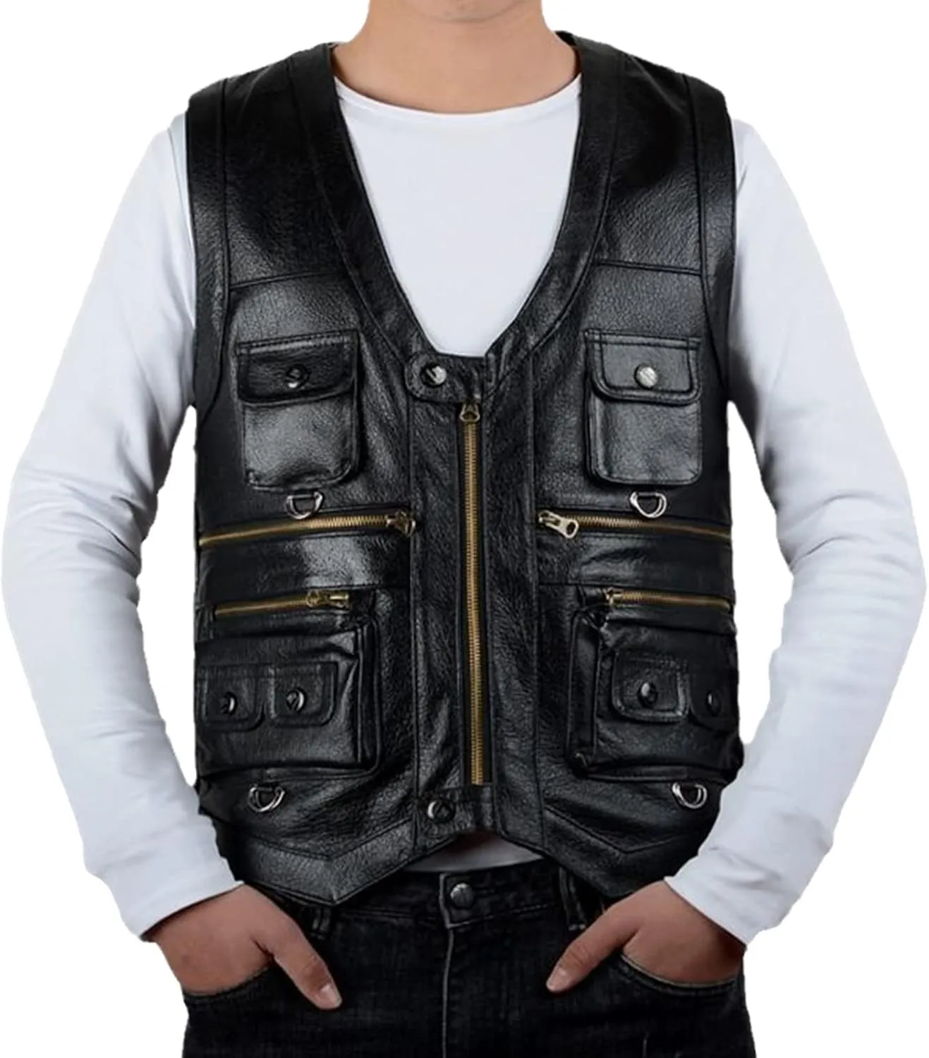 Cowhide Leather Vest Men's Brown Sleeveless Jacket Thickened Motorcycle Vest Multi-Pocket Zipper