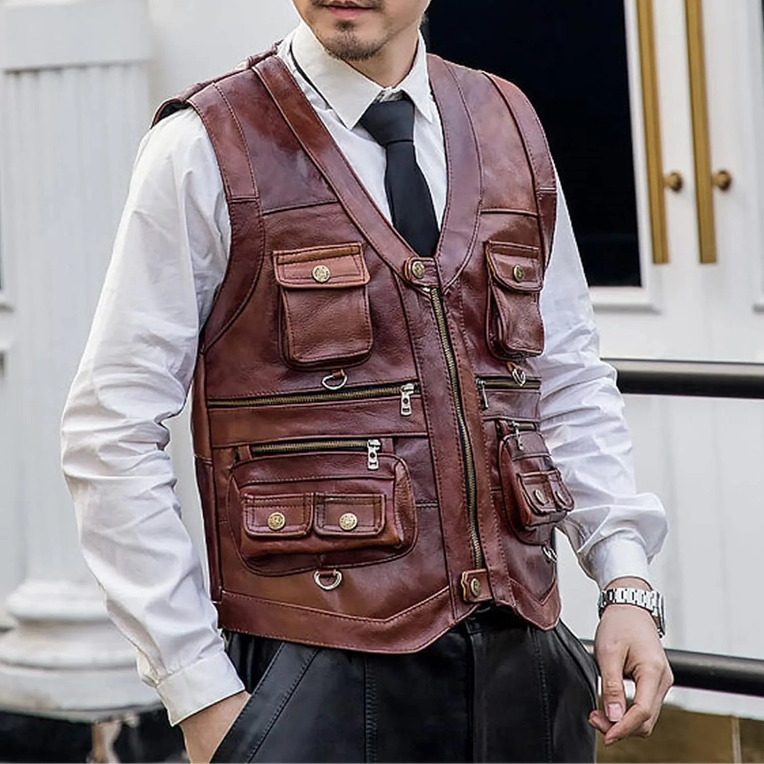 Cowhide Leather Vest Men's Brown Sleeveless Jacket Thickened Motorcycle Vest Multi-Pocket Zipper