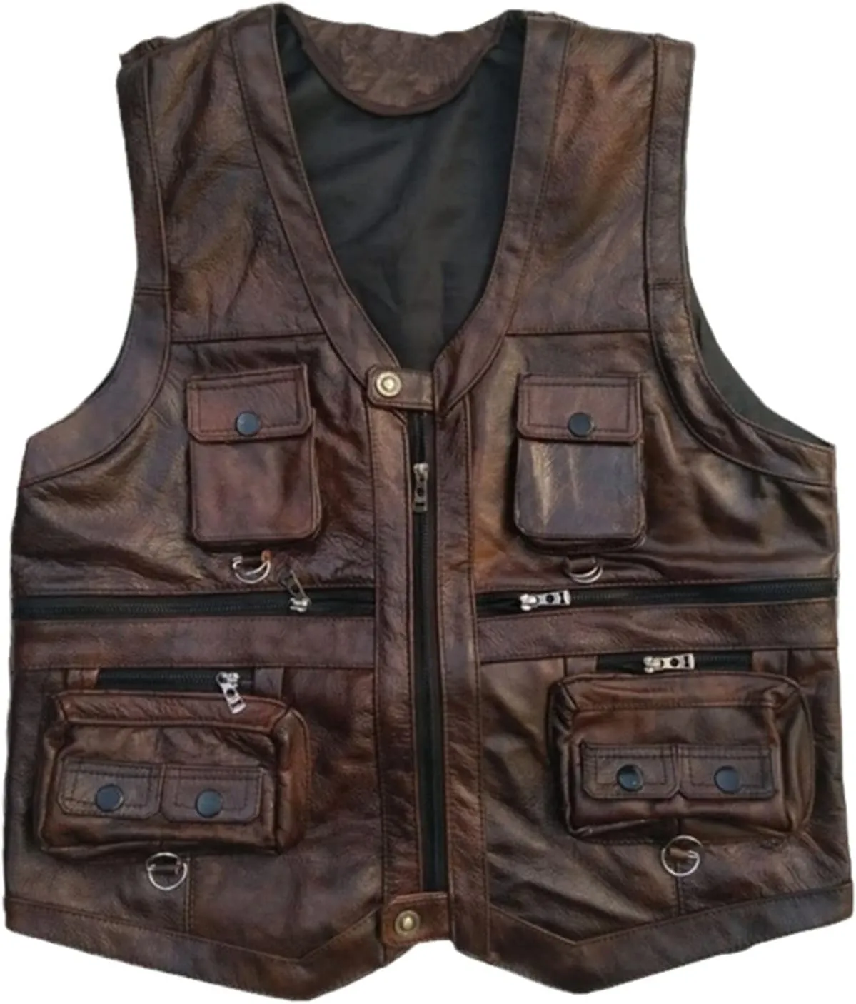 Cowhide Leather Vest Men's Brown Sleeveless Jacket Thickened Motorcycle Vest Multi-Pocket Zipper