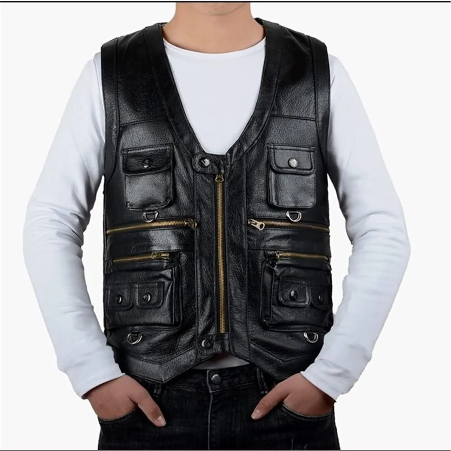 Cowhide Leather Vest Men's Brown Sleeveless Jacket Thickened Motorcycle Vest Multi-Pocket Zipper