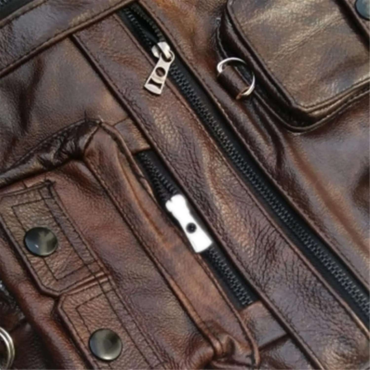 Cowhide Leather Vest Men's Brown Sleeveless Jacket Thickened Motorcycle Vest Multi-Pocket Zipper