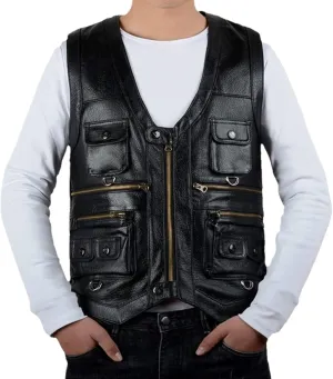 Cowhide Leather Vest Men's Brown Sleeveless Jacket Thickened Motorcycle Vest Multi-Pocket Zipper