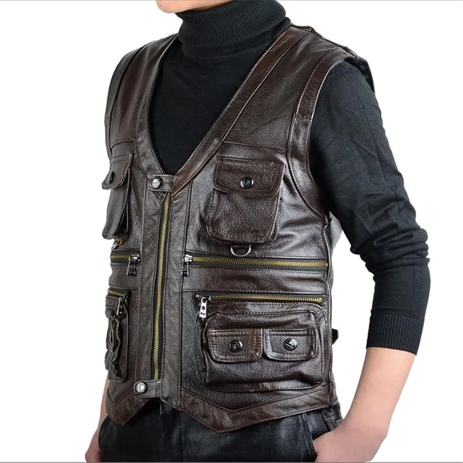 Cowhide Leather Vest Men's Brown Sleeveless Jacket Thickened Motorcycle Vest Multi-Pocket Zipper
