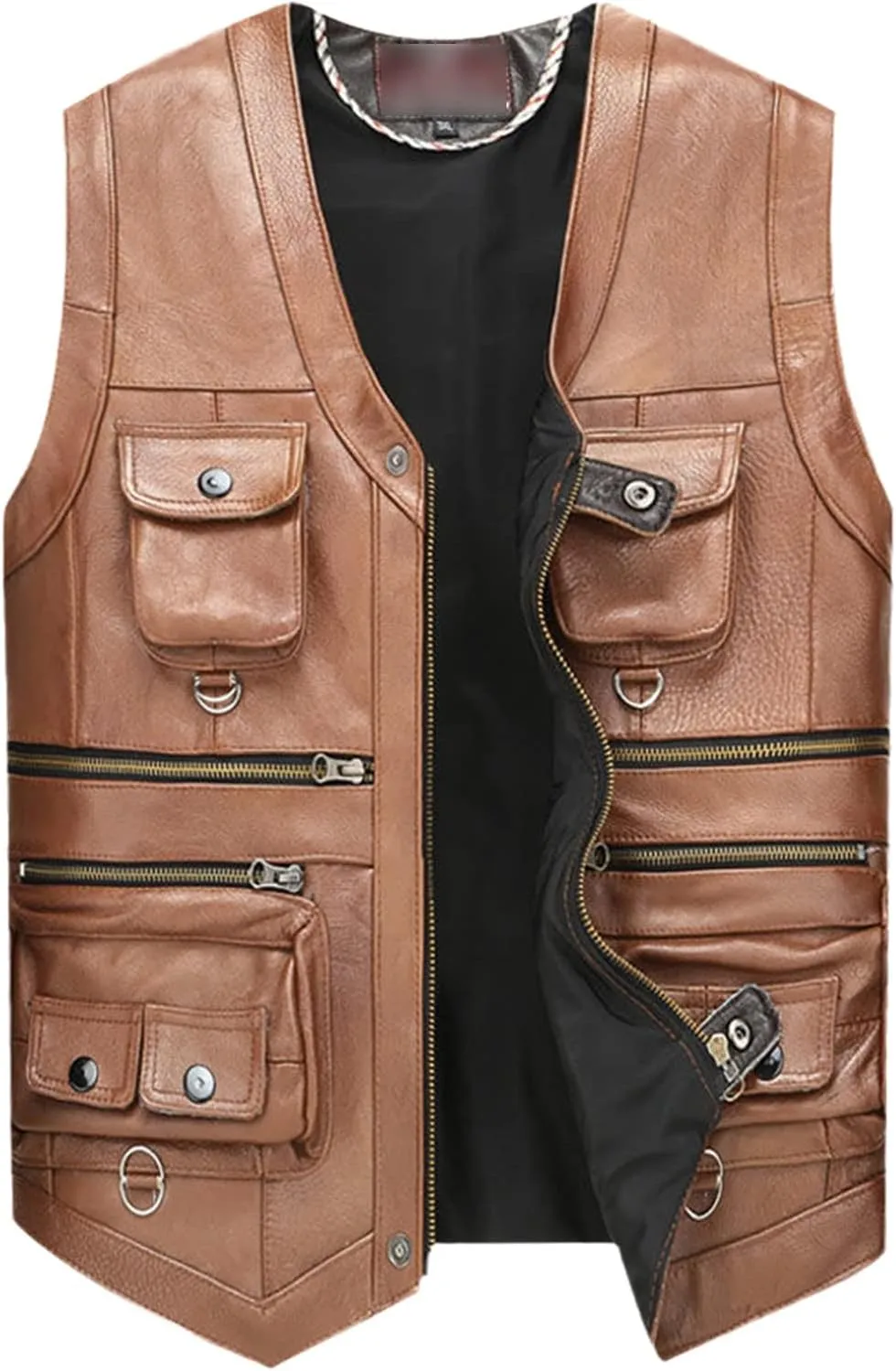 Cowhide Leather Vest Men's Brown Sleeveless Jacket Thickened Motorcycle Vest Multi-Pocket Zipper