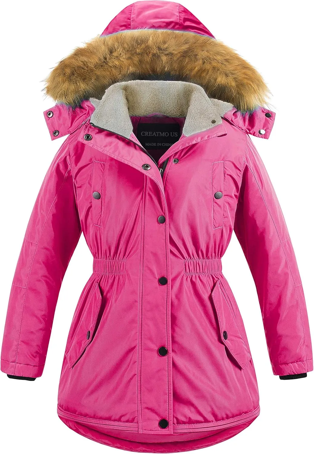 CREATMO US Girl's Long Winter Warm Parka Sherpa Trimmed Collar Puffer Ski Jacket Coat
