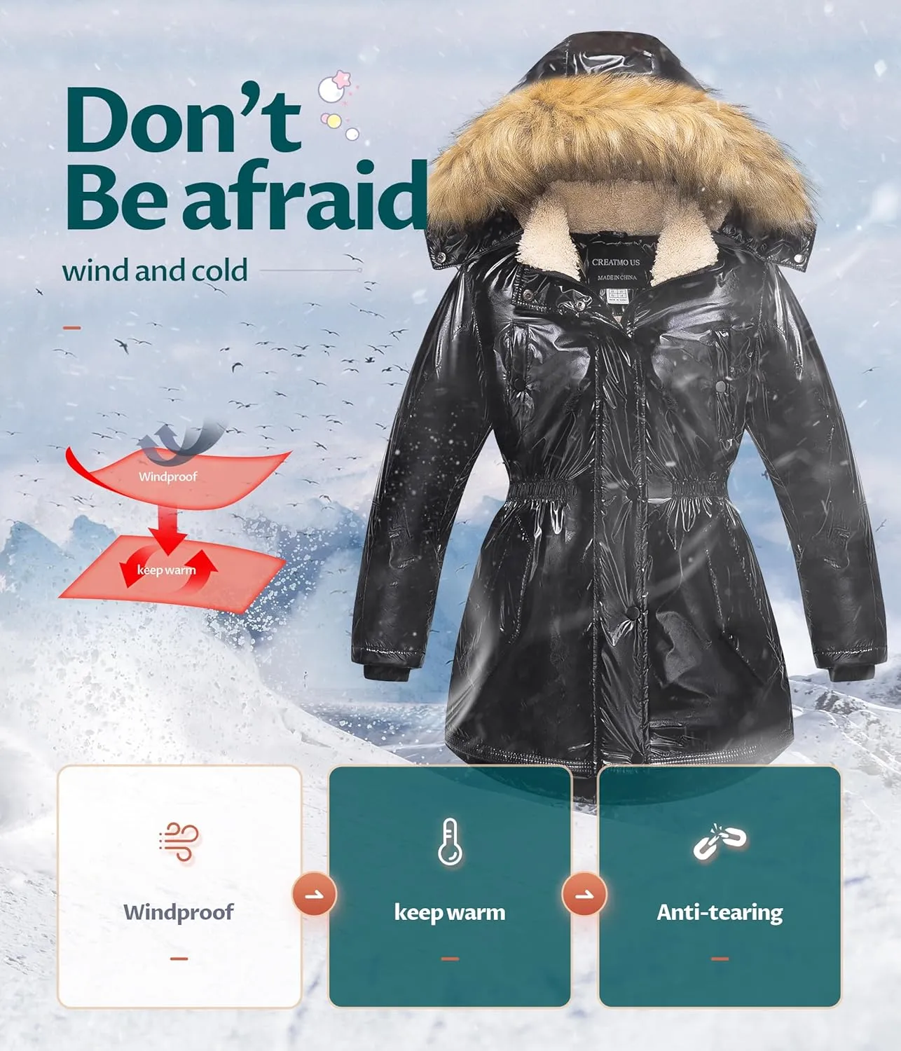 CREATMO US Girl's Long Winter Warm Parka Sherpa Trimmed Collar Puffer Ski Jacket Coat