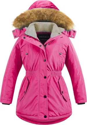CREATMO US Girl's Long Winter Warm Parka Sherpa Trimmed Collar Puffer Ski Jacket Coat