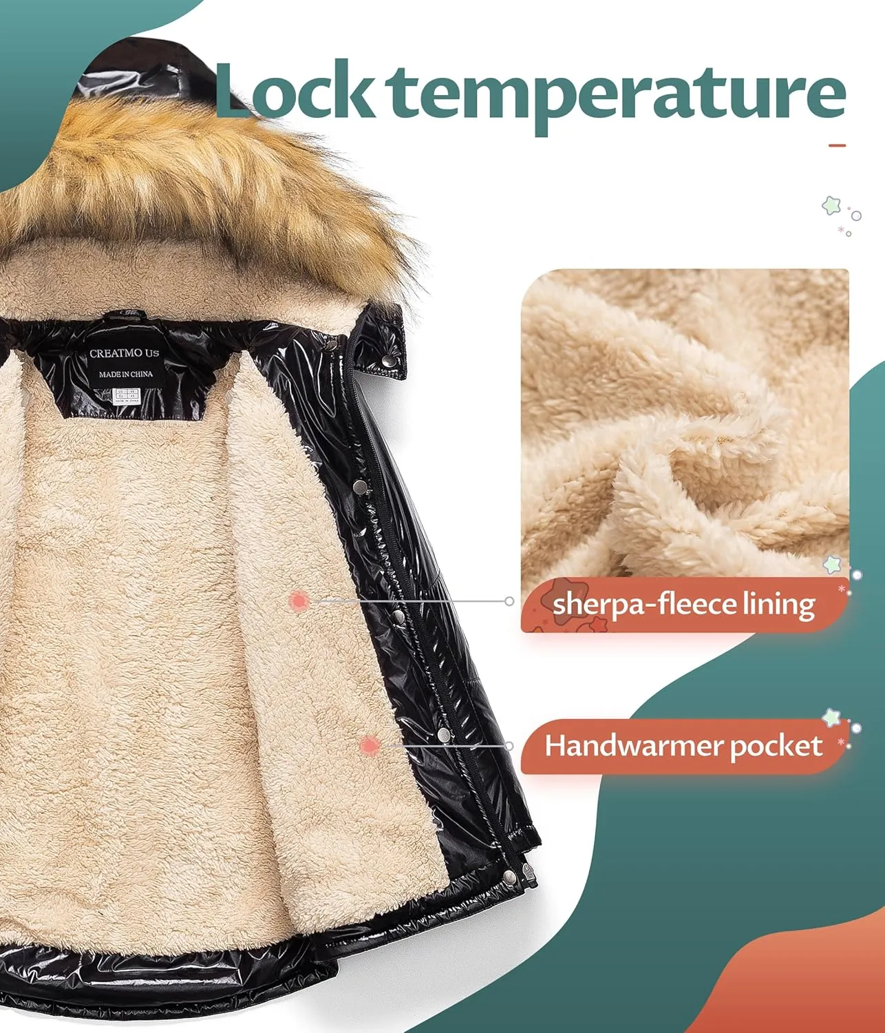 CREATMO US Girl's Long Winter Warm Parka Sherpa Trimmed Collar Puffer Ski Jacket Coat