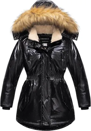 CREATMO US Girl's Long Winter Warm Parka Sherpa Trimmed Collar Puffer Ski Jacket Coat