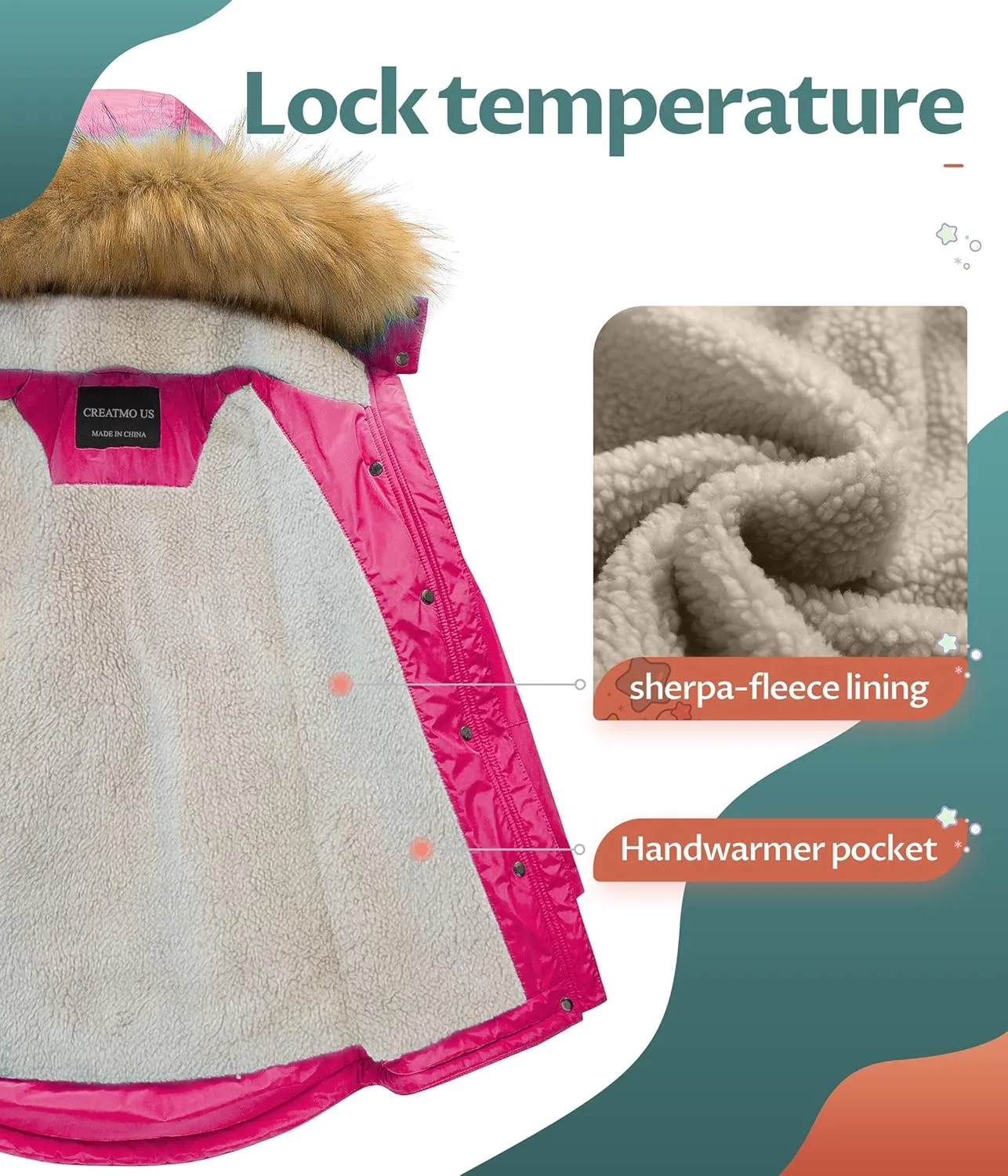 CREATMO US Girl's Long Winter Warm Parka Sherpa Trimmed Collar Puffer Ski Jacket Coat
