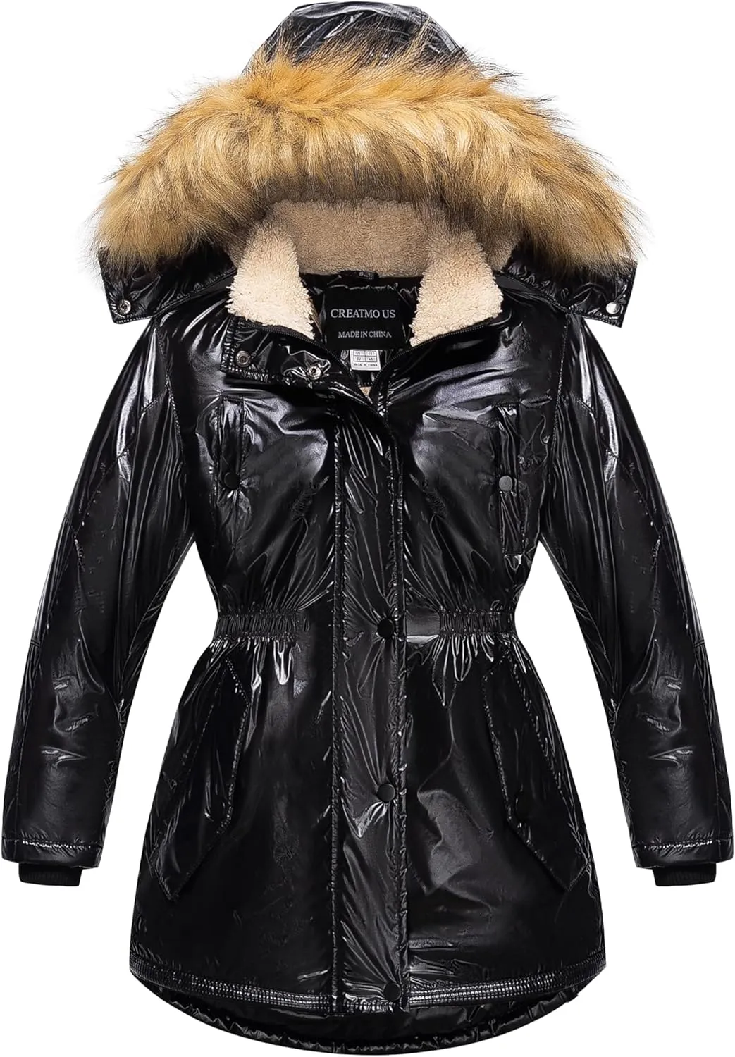 CREATMO US Girl's Long Winter Warm Parka Sherpa Trimmed Collar Puffer Ski Jacket Coat