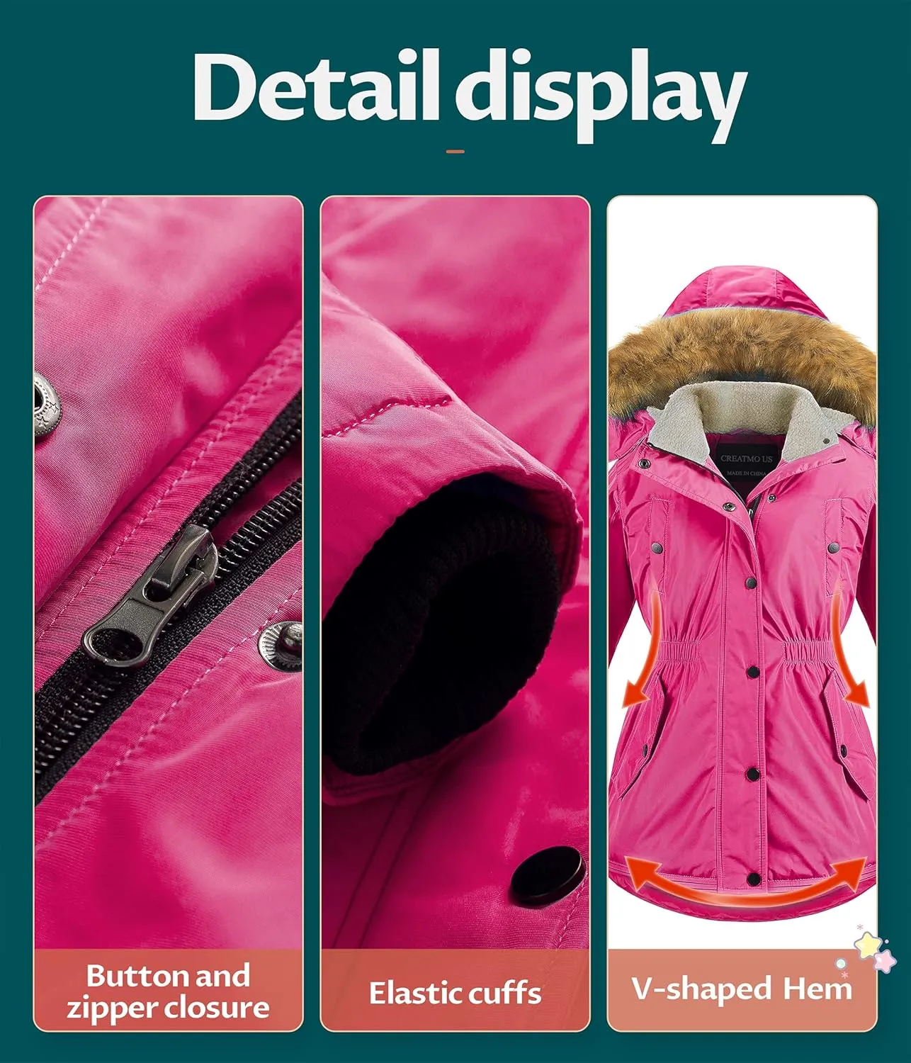 CREATMO US Girl's Long Winter Warm Parka Sherpa Trimmed Collar Puffer Ski Jacket Coat