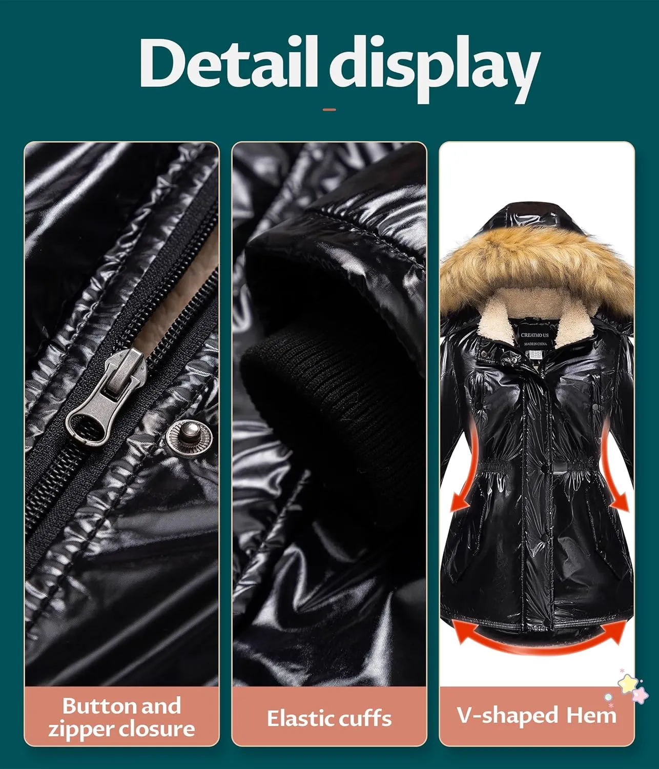 CREATMO US Girl's Long Winter Warm Parka Sherpa Trimmed Collar Puffer Ski Jacket Coat