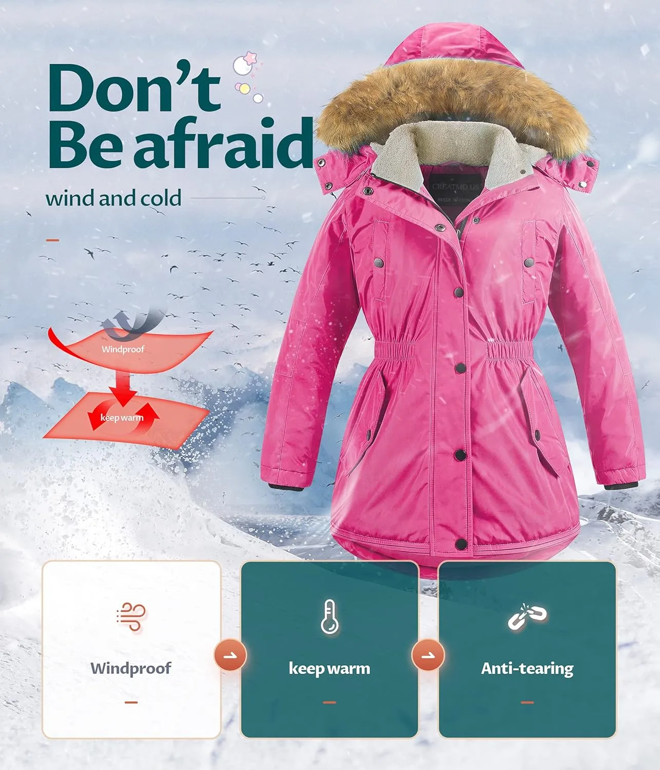 CREATMO US Girl's Long Winter Warm Parka Sherpa Trimmed Collar Puffer Ski Jacket Coat