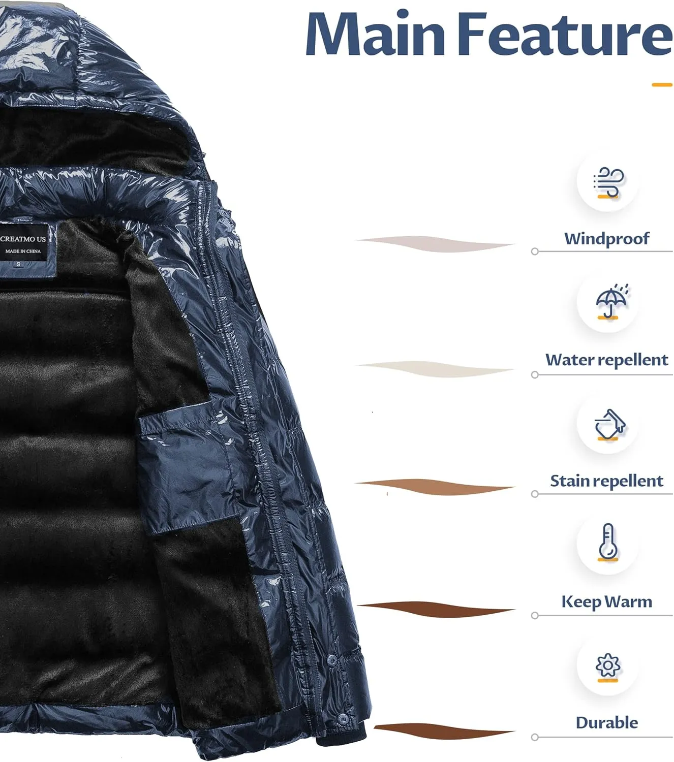 CREATMO US Men's Puffer Jacket Waterproof Winter Parka jacket Warm Thicken Ski Coat