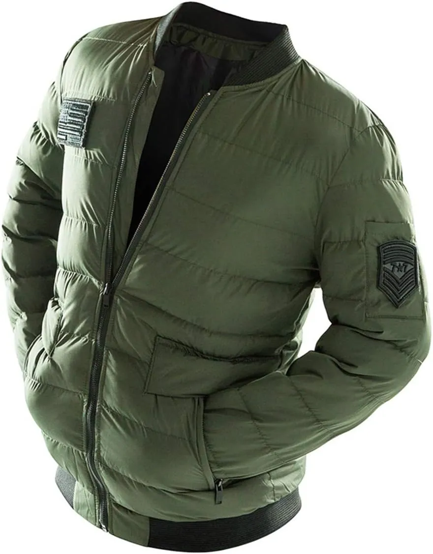 Cresay Men's Warm Winter Quilted Bomber Zip Jacket Coat Padded Cotton Thick Outwear