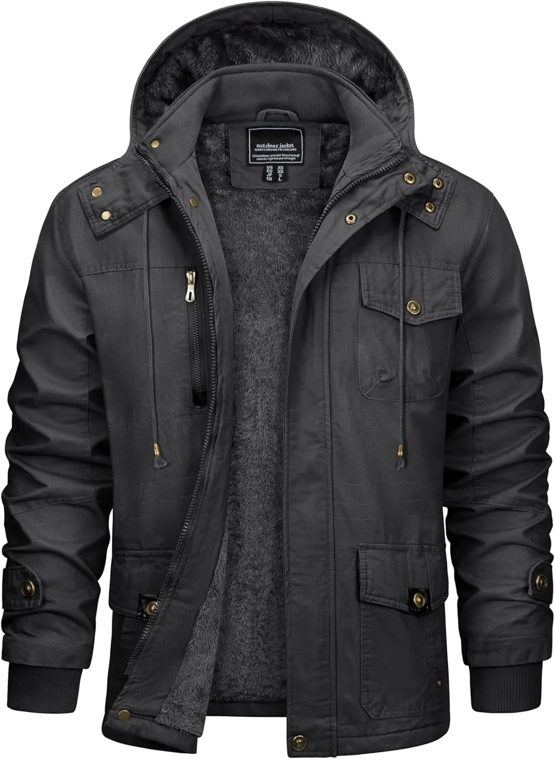 CRYSULLY Men's Winter Casual Thicken Multi-Pocket Outwear Jacket Coat With Removable Hood