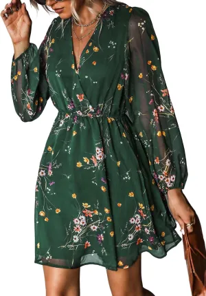 CUPSHE Women's Mini Dresses Casual Spring V Neck Chiffon Long Peasant Sleeves Flowy Summer Dress