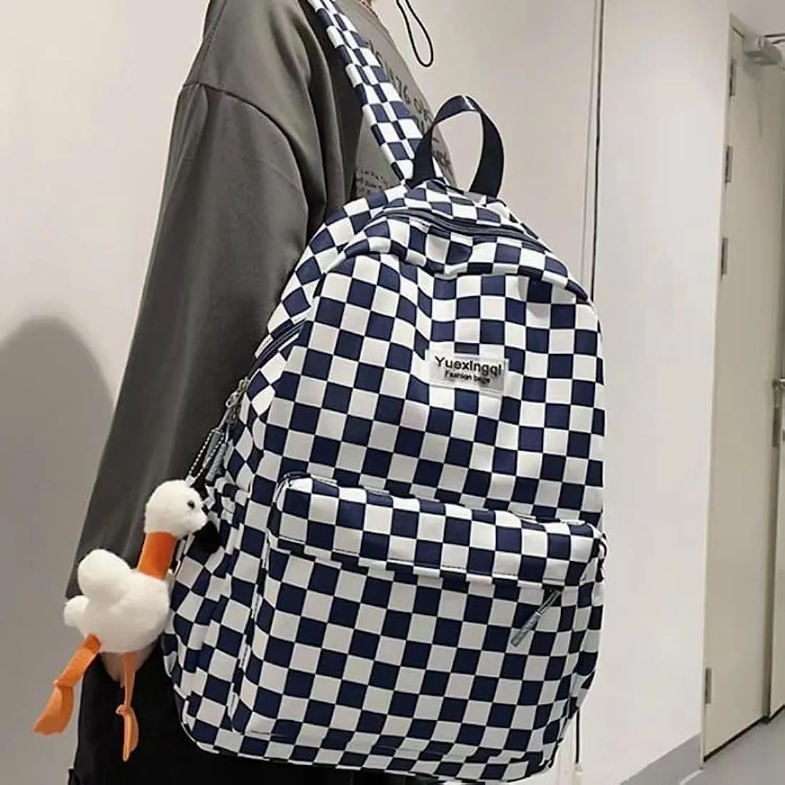 Cute Aesthetic Backpack Checkered Kawaii Backpack with Cute Pendant Checkerboard Casual Daypack College Laptop Bookbag (One Size,Blue)