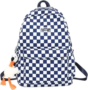 Cute Aesthetic Backpack Checkered Kawaii Backpack with Cute Pendant Checkerboard Casual Daypack College Laptop Bookbag (One Size,Blue)