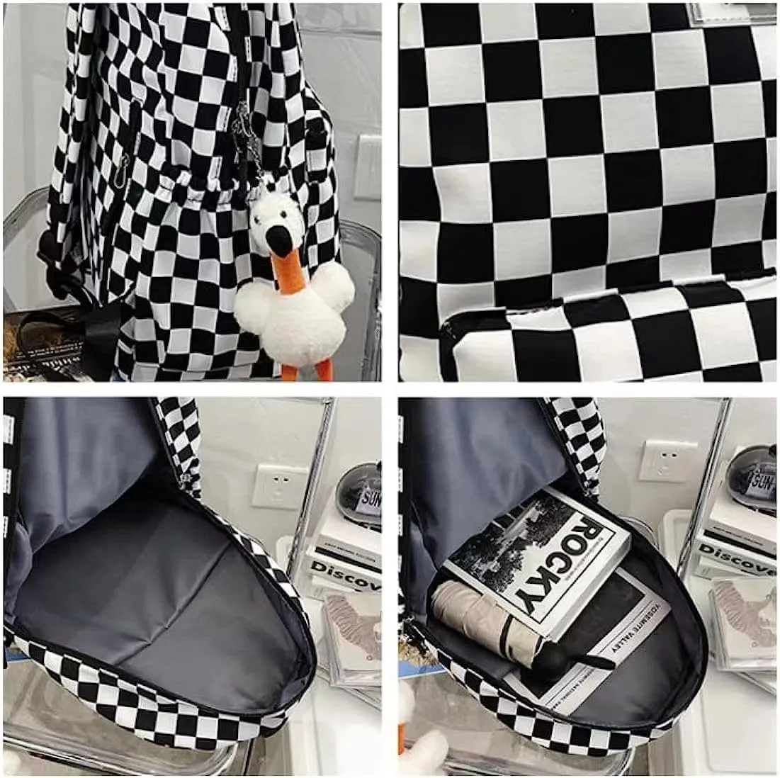 Cute Aesthetic Backpack Checkered Kawaii Backpack with Cute Pendant Checkerboard Casual Daypack College Laptop Bookbag (One Size,Blue)