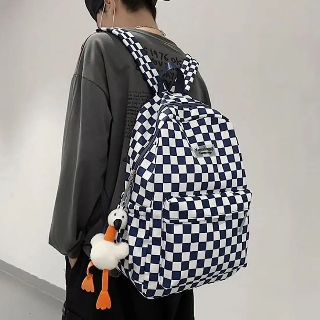 Cute Aesthetic Backpack Checkered Kawaii Backpack with Cute Pendant Checkerboard Casual Daypack College Laptop Bookbag (One Size,Blue)