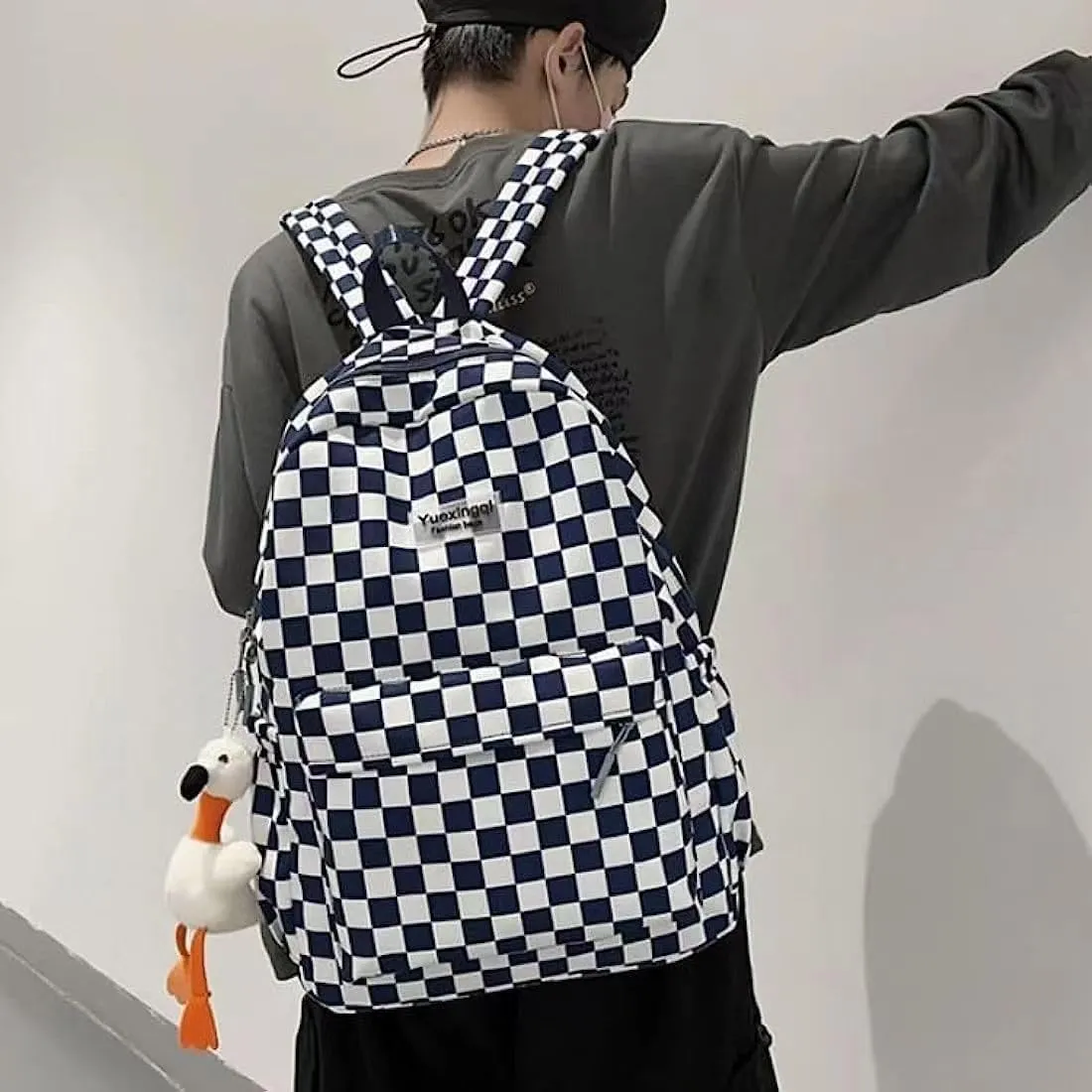 Cute Aesthetic Backpack Checkered Kawaii Backpack with Cute Pendant Checkerboard Casual Daypack College Laptop Bookbag (One Size,Blue)