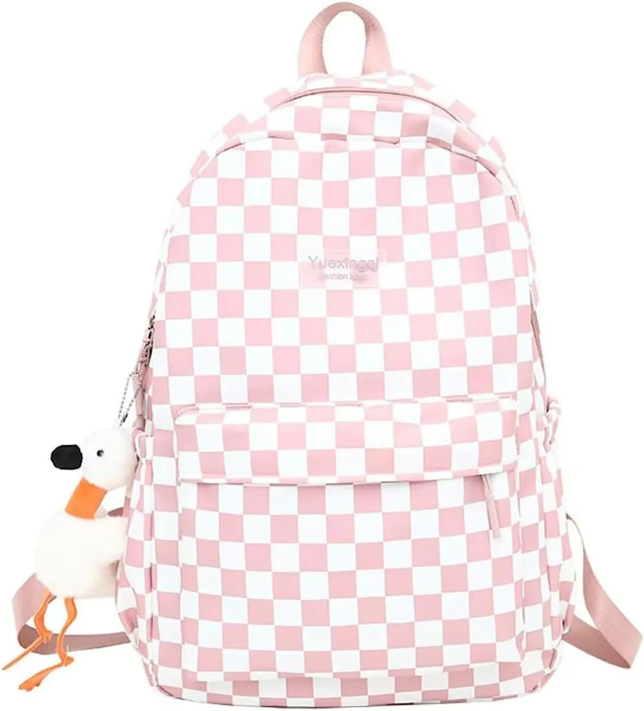 Cute Aesthetic Backpack Checkered Kawaii Backpack with Cute Pendant Checkerboard Casual Daypack College Laptop Bookbag (One Size,Pink)