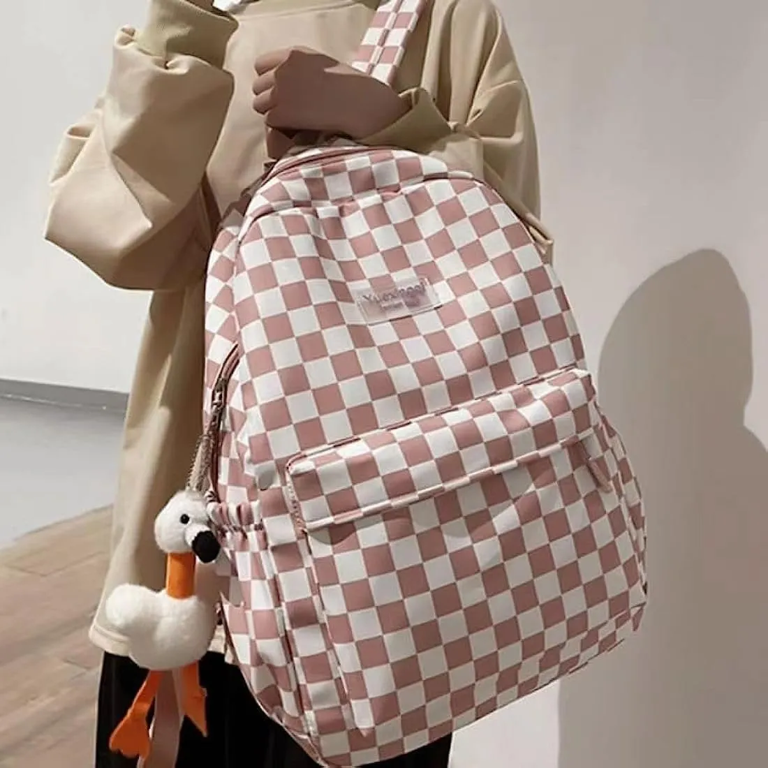 Cute Aesthetic Backpack Checkered Kawaii Backpack with Cute Pendant Checkerboard Casual Daypack College Laptop Bookbag (One Size,Pink)