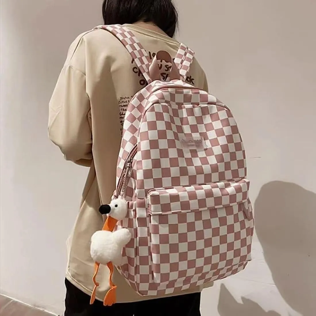 Cute Aesthetic Backpack Checkered Kawaii Backpack with Cute Pendant Checkerboard Casual Daypack College Laptop Bookbag (One Size,Pink)