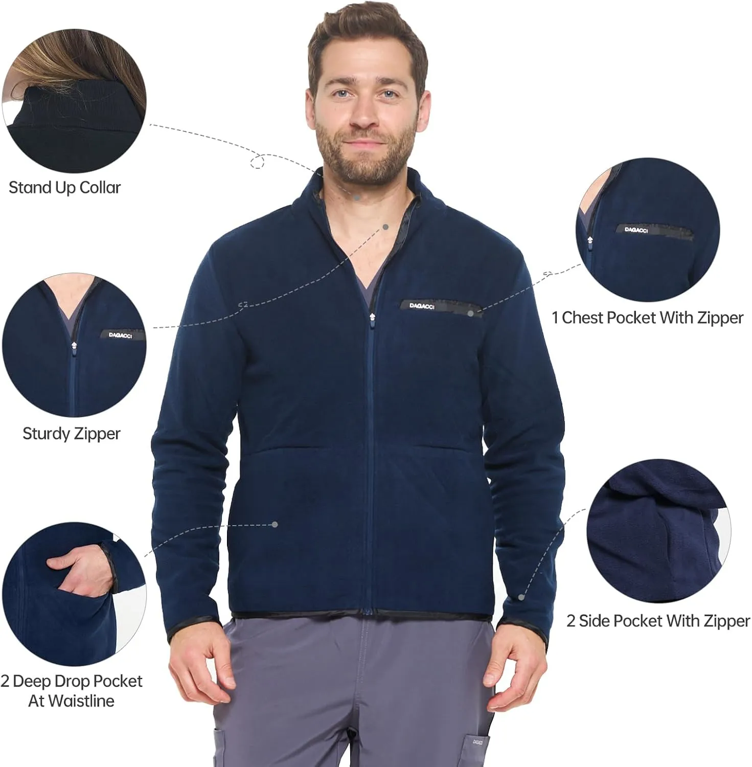Dagacci Medical Uniform Unisex Warm Up Zip Front Fleece Scrub Jacket for Women and Men