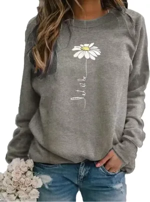 Daisy Flower Printed Sweatshirt Womens Floral Graphic O-Neck Long Sleeve Shirt Flower Lover Fall Pullover