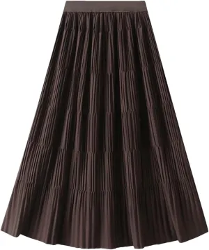 DBFBDTU Women Elastic Waist Solid Color Skirts Casual Pleated Warm A-Line Midi Skirt