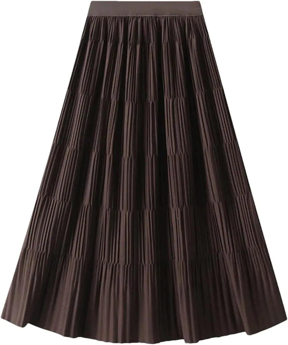 DBFBDTU Women Elastic Waist Solid Color Skirts Casual Pleated Warm A-Line Midi Skirt