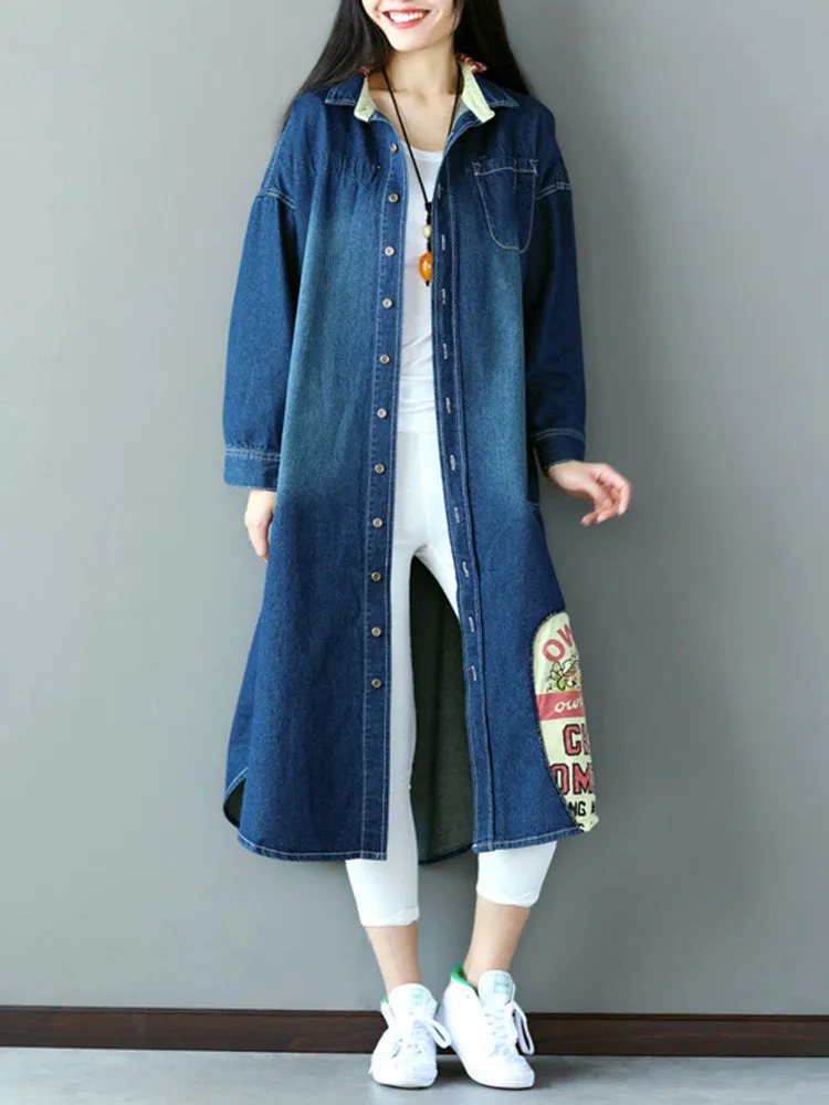 Denim Letter Patchwork Women Coats